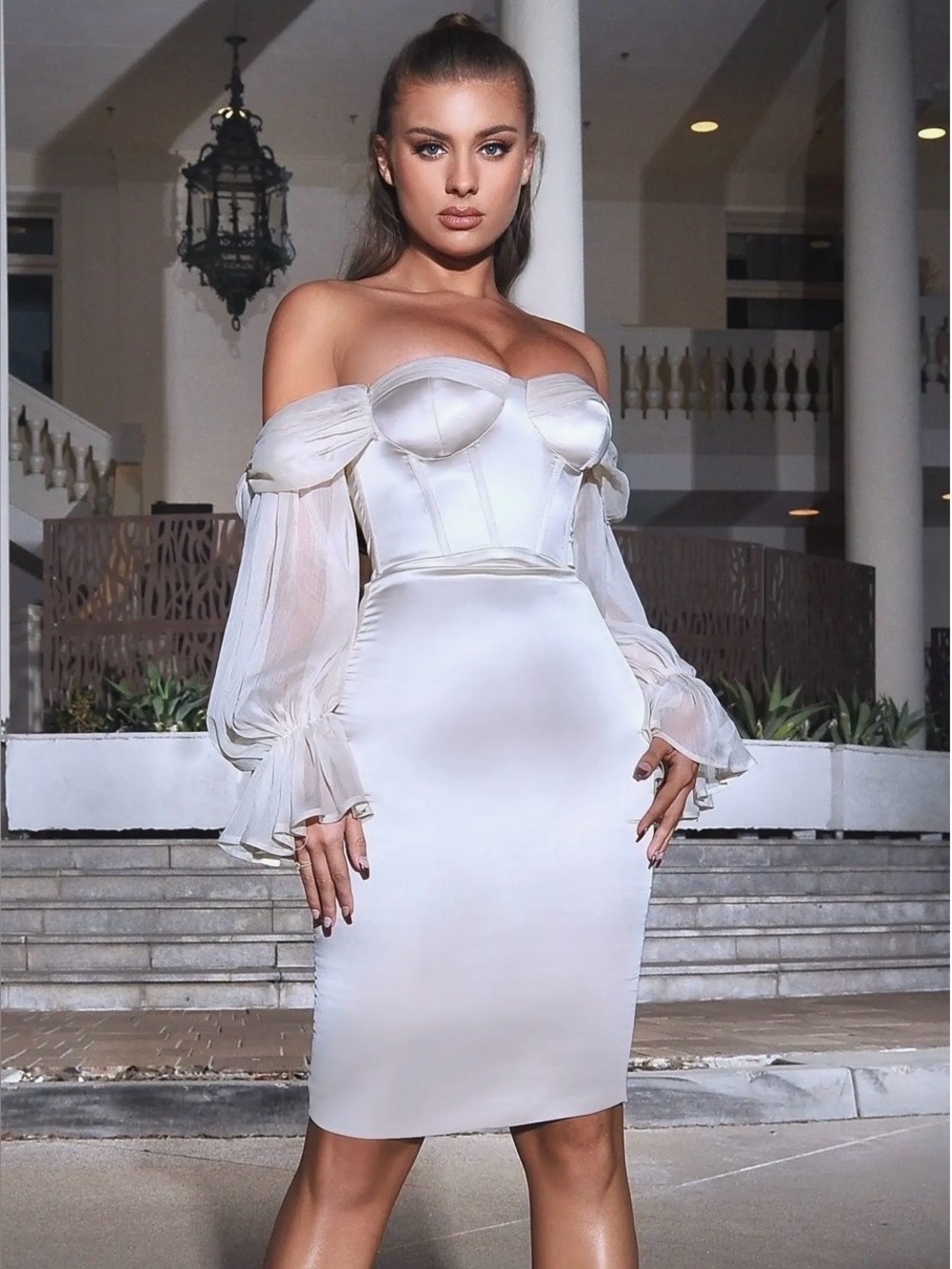 Miss Circle Lydia Satin Off-Shoulder Puff Sleeve Corset Dress
